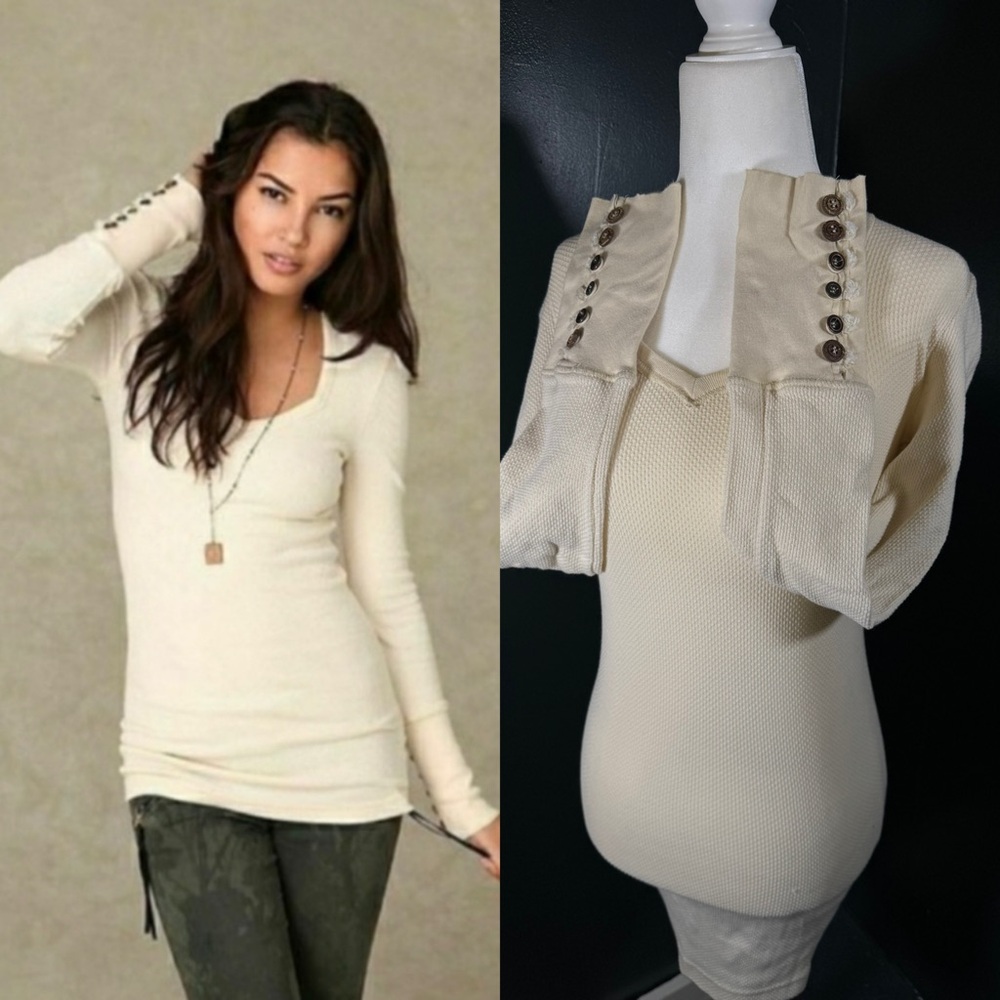 Free People • RARE • Sweetheart Neck Long Sleeve Thermal Top Cream